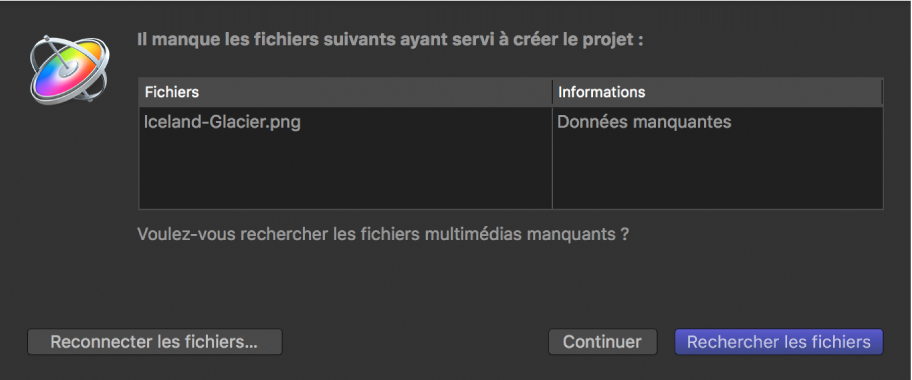 Zone de dialogue affichant une liste de fichiers desquels des données sont manquantes