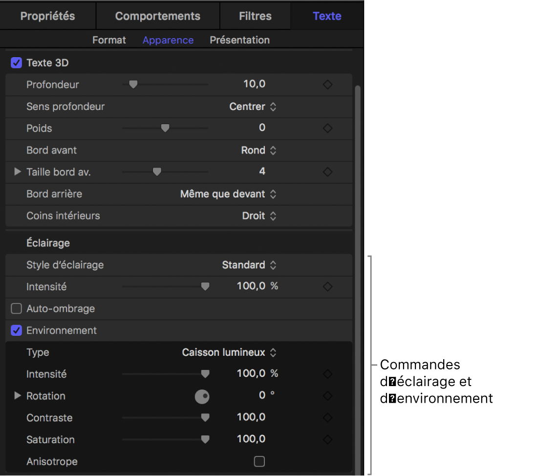 Commandes Éclairage dans la fenêtre Apparence de l’inspecteur de texte