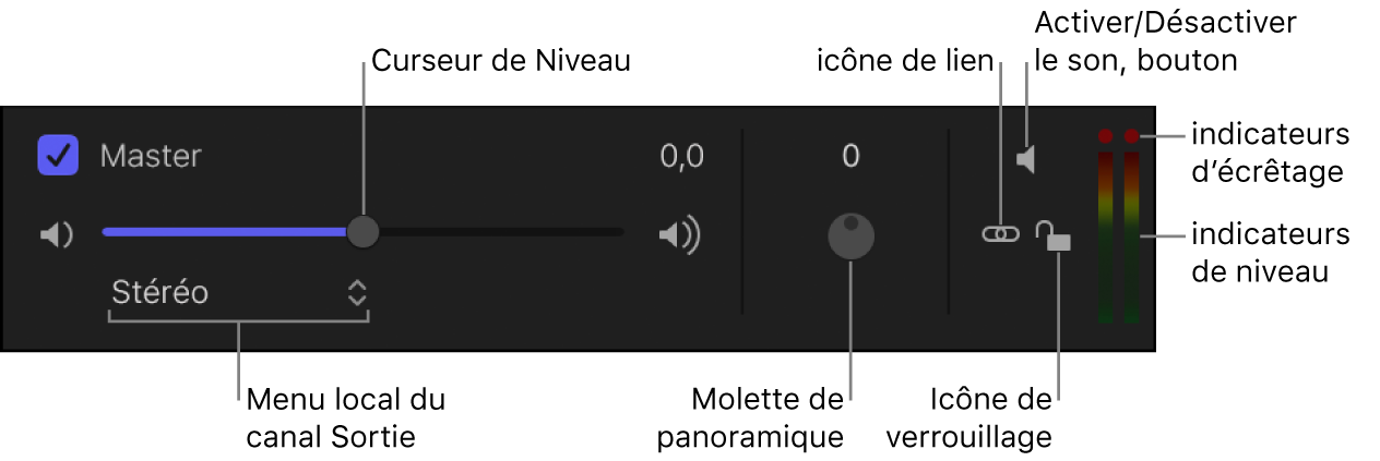 Liste Audio affichant les commandes de la piste audio principale y compris la case d’activation, les curseurs Niveau et Balance, le bouton Activer/Désactiver le son, le menu local de canal de sortie, l’icône de verrouillage, les VU-mètres et les indicateurs d’écrêtage