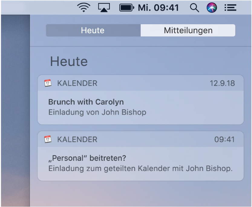 Mitteilung zu einem Kalenderereignis und Mitteilung zu einem geteilten Kalender in der Mitteilungszentrale