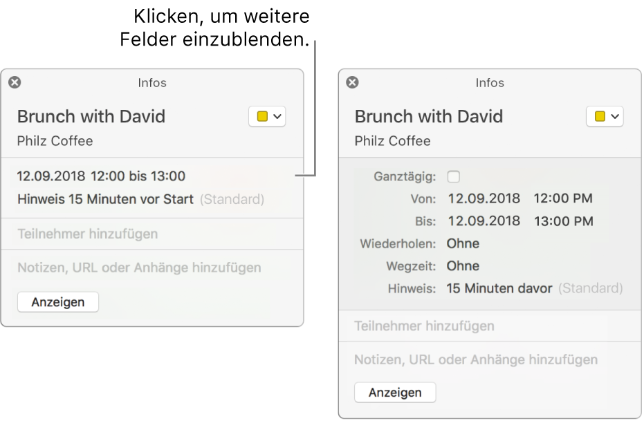 Infofenster für ein Ereignis mit ausgeblendeten Details (links) und Infofenster für dasselbe Ereignis mit Details zur Dauer (rechts)