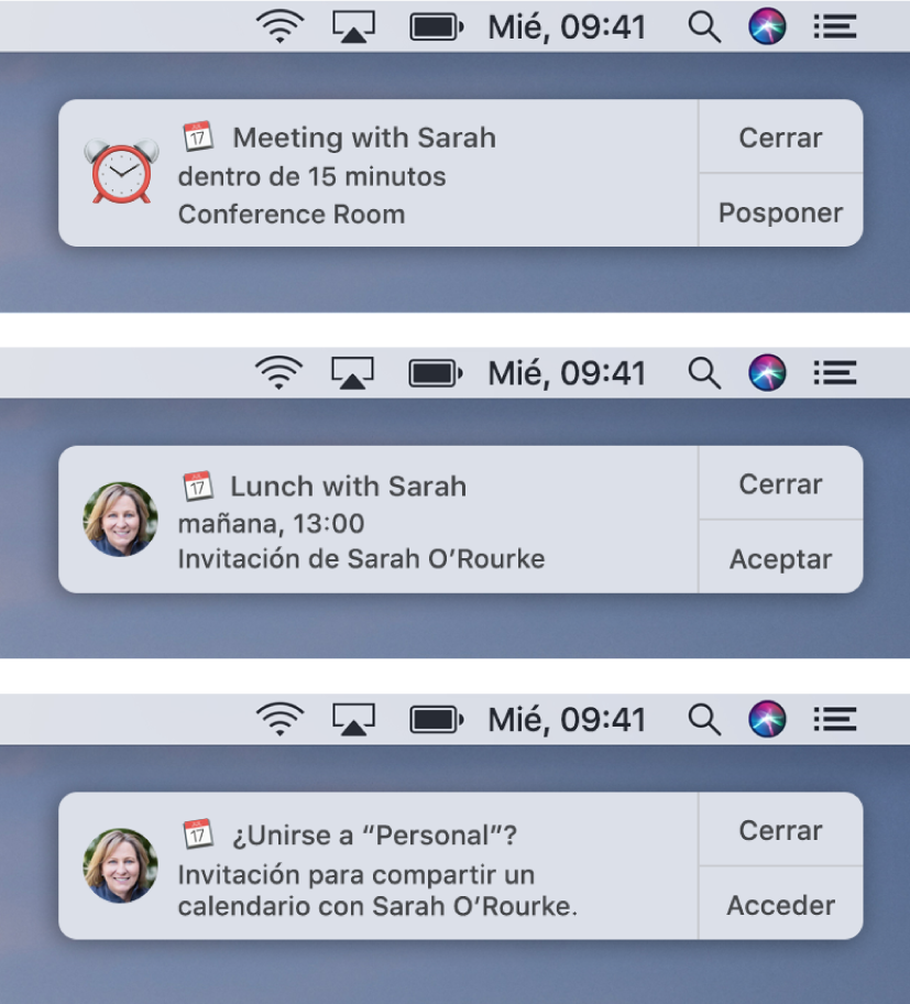 Los avisos de las notificaciones de las invitaciones de Calendario tienen botones a la derecha: Cerrar y Aceptar, o Cerrar y Ver en el caso de los eventos, y Cerrar y Unirse en el caso de los calendarios compartidos