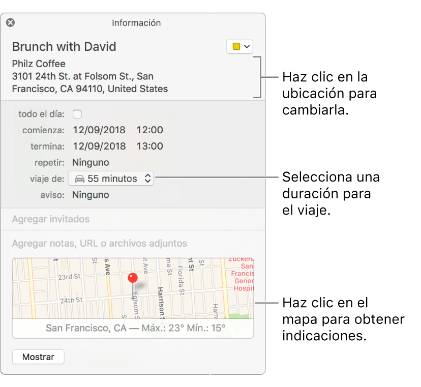 Ventana de información de un evento, con el puntero sobre el menú desplegable “Duración del viaje” Selecciona una duración de viaje en el menú desplegable. Haz clic en la ubicación para cambiarla. Haz clic en el mapa para obtener indicaciones