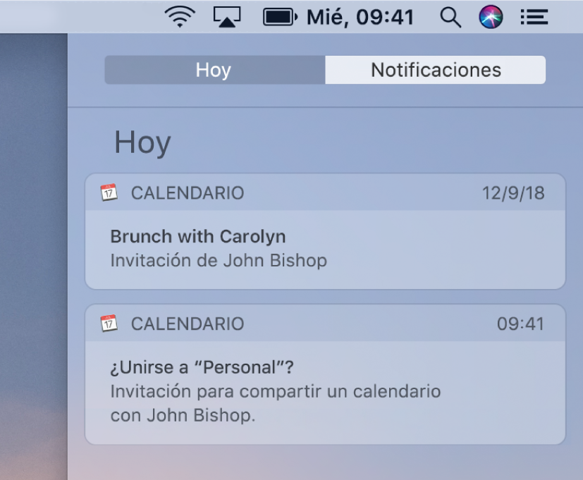 Notificación de evento de Calendario y notificación de un calendario compartido en el centro de notificaciones