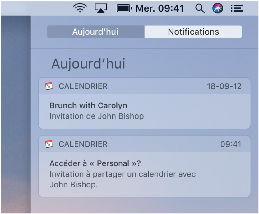 Notification d’événement de calendrier et de calendrier partagé dans le Centre de notifications