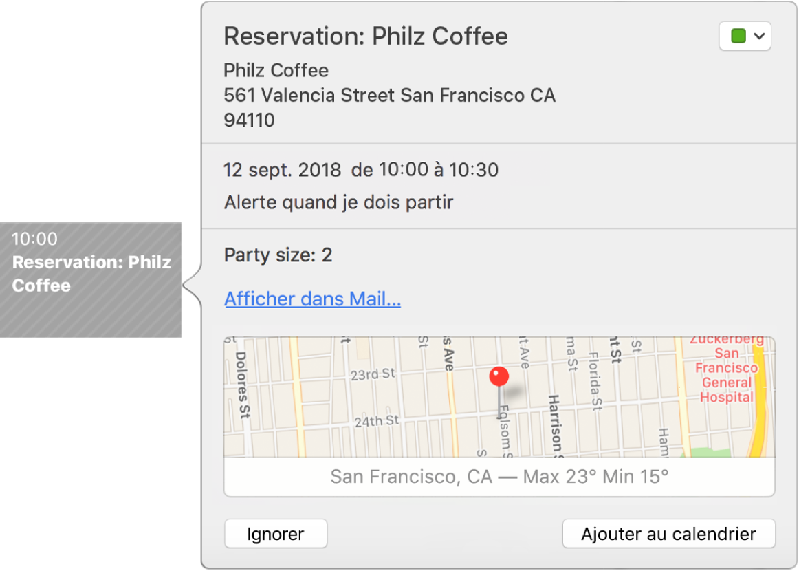 La fenêtre Calendrier avec un événement trouvé dans une app, telle que Mail.