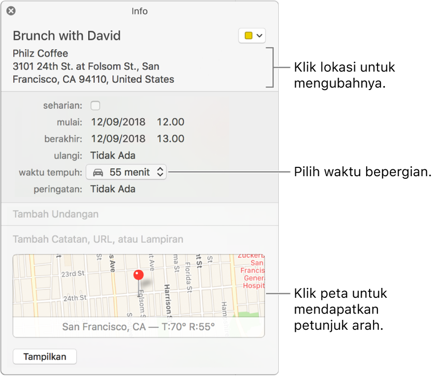 Jendela info untuk acara, dengan penunjuk di atas menu pop-up Waktu Perjalanan. Pilih waktu perjalanan dari menu pop-up. Klik lokasi untuk mengubahnya. Klik peta untuk mendapatkan petunjuk arah
