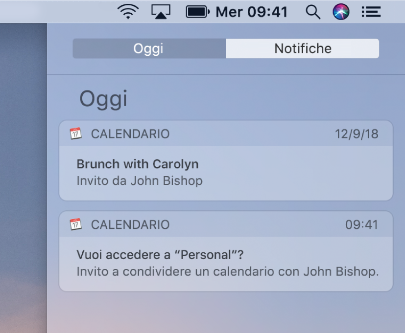 Notifica dell'evento di un calendario e di un calendario condiviso in Centro Notifiche