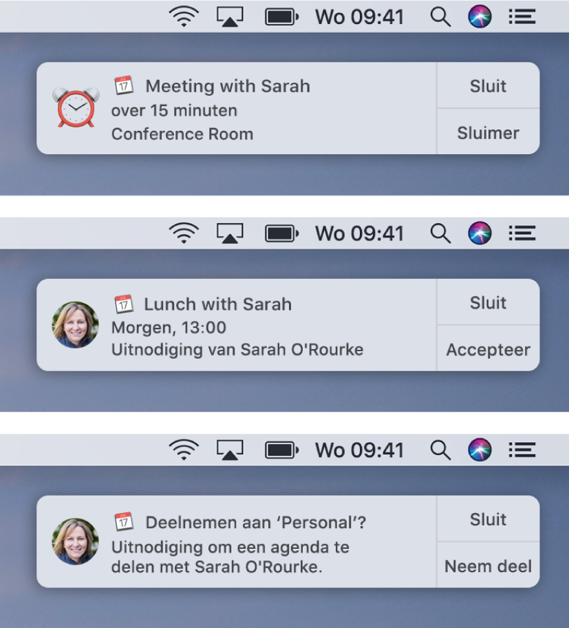Meldingen voor Agenda-uitnodigingen hebben knoppen aan de rechterkant: 'Sluit' en 'Accepteer' of 'Sluit' en 'Bekijk' voor een activiteit en 'Sluit' en 'Neem deel' voor een gedeelde agenda