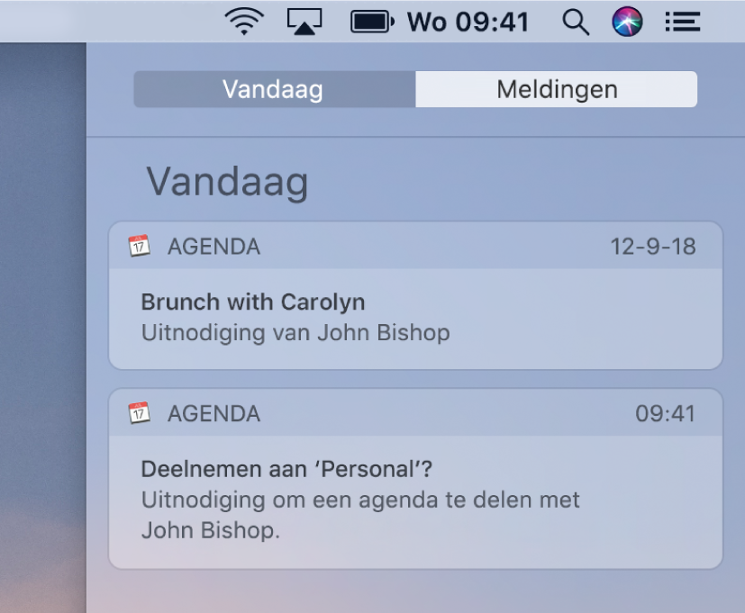 Melding voor agenda-activiteit en melding voor een gedeelde agenda in Berichtencentrum