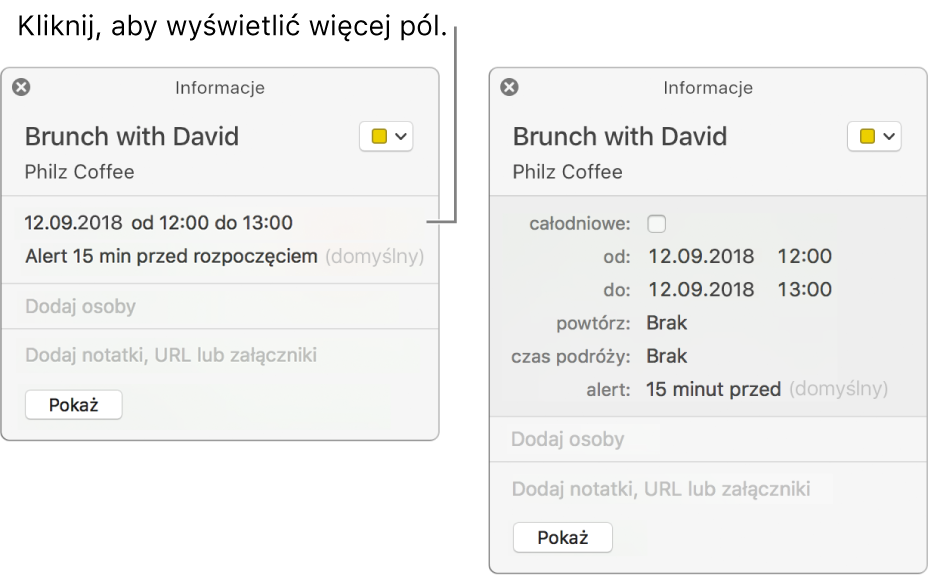 Okno informacji o wydarzeniu z ukrytymi szczegółami (po lewej) oraz okno informacji o tym samym wydarzeniu z wyświetlonymi szczegółami dotyczącymi czasu trwania (po prawej).