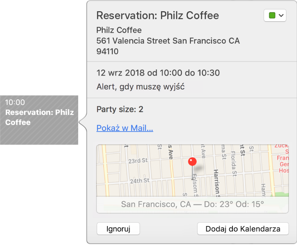 Okno wydarzenia w Kalendarzu, dotyczące wydarzenia znalezionego w aplikacji, na przykład w aplikacji Mail.