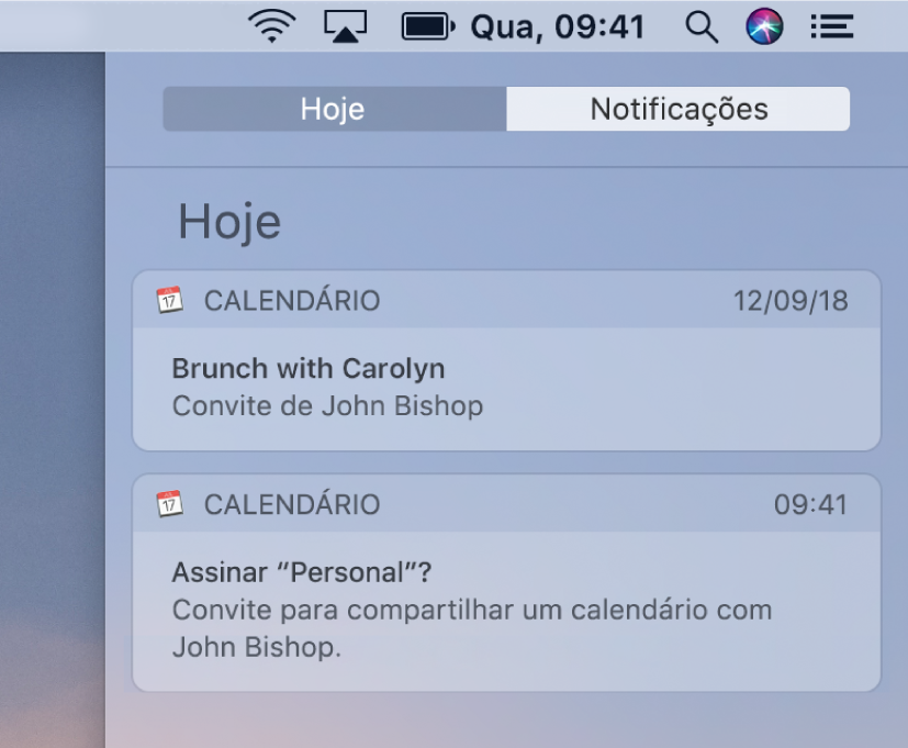 Notificação de evento do Calendário e notificação de calendário compartilhada na Central de Notificações