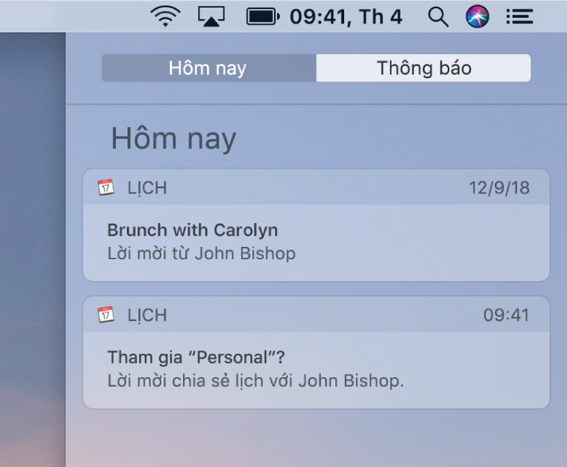 Thông báo sự kiện lịch và thông báo lịch được chia sẻ trong Trung tâm Thông báo