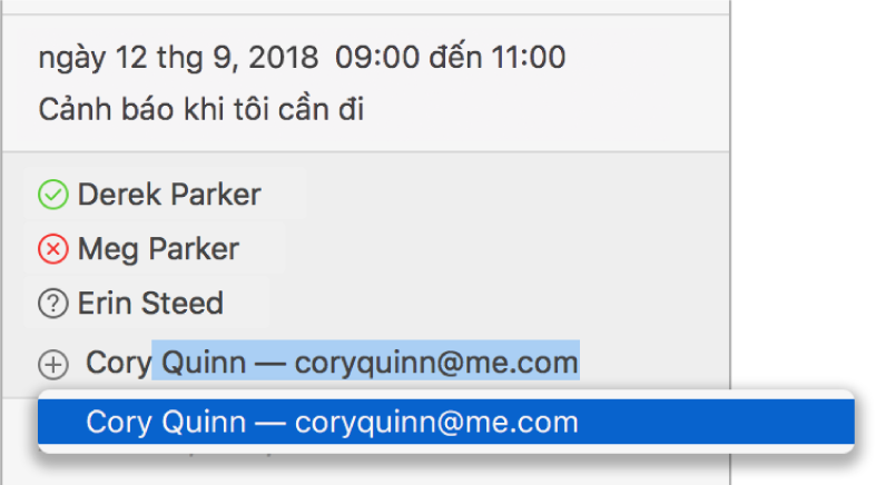 Cửa sổ thông tin cho sự kiện, được cắt xén để chỉ hiển thị người được mời