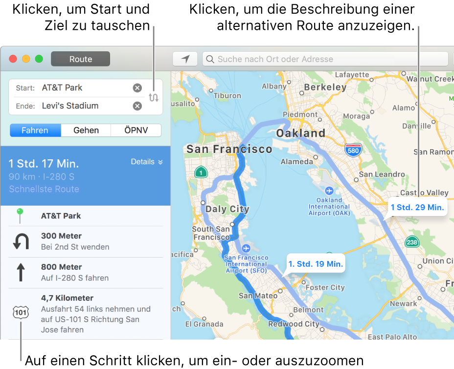 Klicke links in der Routenseitenleiste auf einen Abschnitt, um ihn zu vergrößern, oder klicke auf eine alternative Route in der Karte rechts.