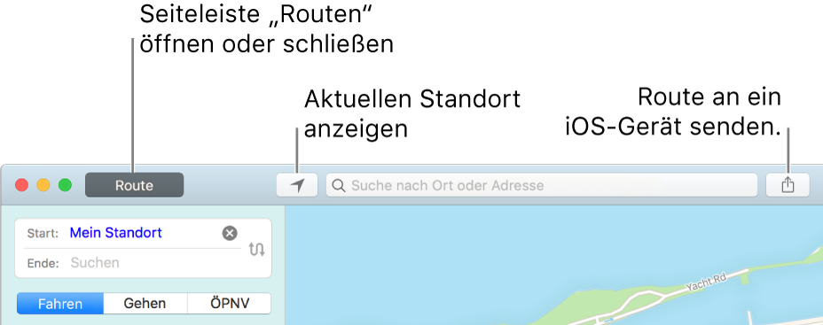Im Fenster „Karten" werden in der Symbolleiste die Tasten „Routen“, „Aktuelle Position" und „Teilen“ angezeigt.