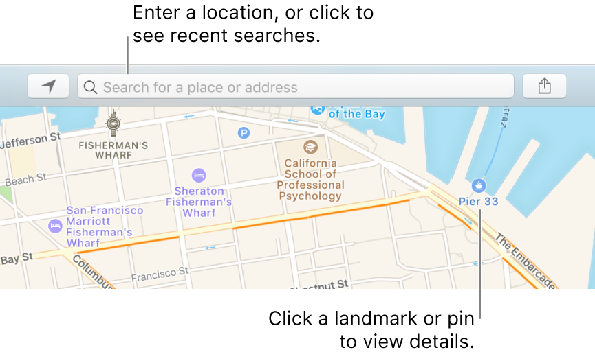 Enter a location in the search field, or click it to see recent searches. Click a landmark or pin to view details.