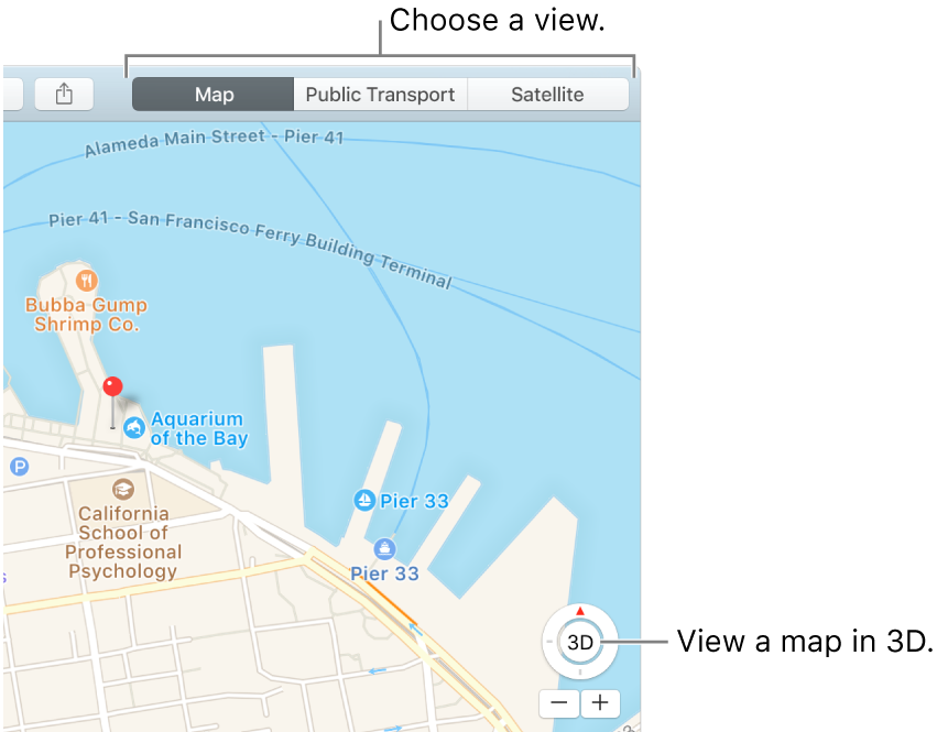 Click Map or Satellite in the toolbar to change your view. To view a map in 3D, click the button at the bottom of the window.