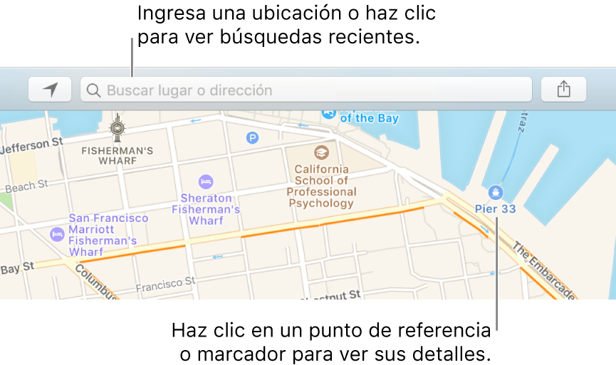 Ingresa la ubicación en el campo de búsqueda o haz clic en ella para ver las búsquedas recientes. Haz clic en un punto de referencia o marcador para ver información.