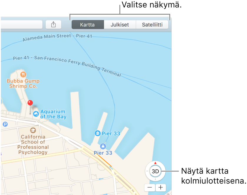 Vaihda näkymään klikkaamalla työkalupalkissa Kartta tai Satelliitti. Jos haluat nähdä kartan kolmiulotteisena, klikkaa ikkunan alareunassa olevaa painiketta.