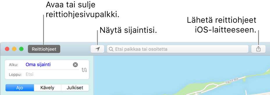 Kartat-ikkuna, jonka työkalupalkissa ovat painikkeet reittiohjeille, nykyiselle sijainnille ja jakamiselle.