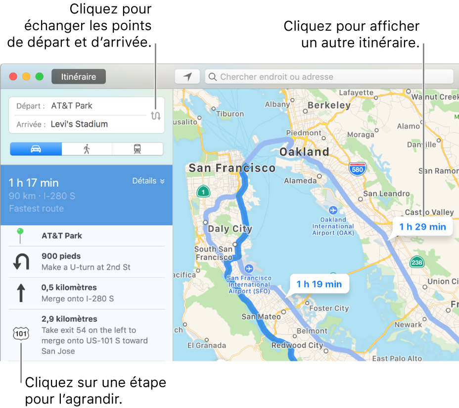 Cliquez sur une étape dans la barre latérale d’itinéraire sur la gauche pour effectuer un zoom avant, ou cliquez sur un autre trajet du plan sur la droite.