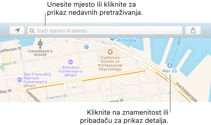 Unesite mjesto u polje za pretraživanje, ili kliknite na njega da biste vidjeli novija pretraživanja. Kliknite znamenitost ili pribadaču za prikaz detalja.