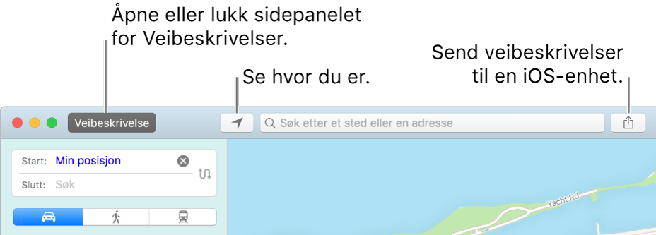 Kart-vindu som viser knapper for Veibeskrivelse, Nåværende posisjon og Del i verktøylinjen.