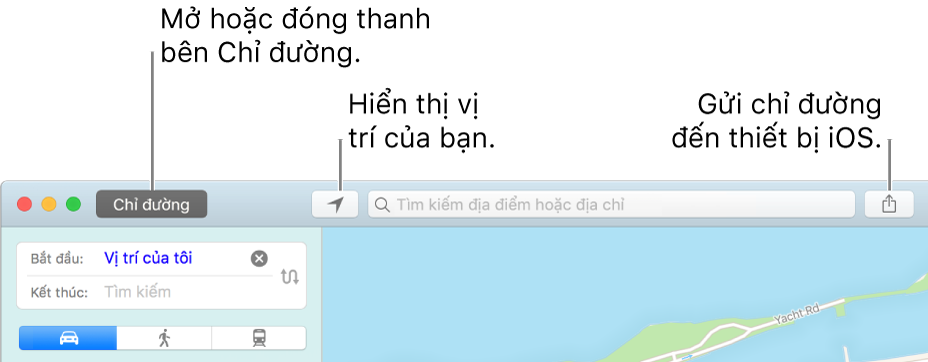 Cửa sổ Bản đồ hiển thị các nút Chỉ đường, Vị trí hiện tại và Chia sẻ trong thanh công cụ.