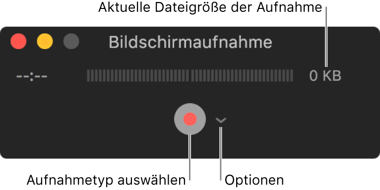 Fenster „Bildschirmaufnahme“ mit der Aufnahmetaste unten sowie dem daneben angezeigten Einblendmenü „Optionen“