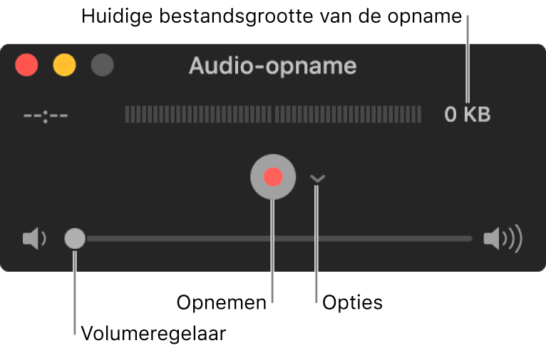 Het venster 'Audio-opname' met in het midden de opnameknop en het venstermenu 'Opties', en onderin de volumeregelaar.