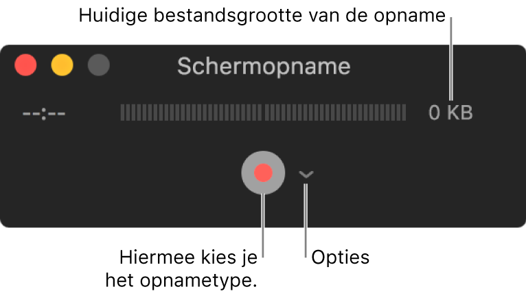 Het venster 'Schermopname' met onderaan de opnameknop en daarnaast het venstermenu 'Opties'.