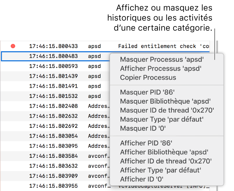 Une fenêtre Console partielle avec le menu contextuel pour vous permettre de masquer ou d’afficher les journaux ou les activités qui remplissent les critères indiqués.