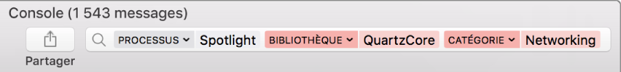 Champ de recherche dans la fenêtre de Console avec le critère de recherche configuré pour rechercher des messages issus du processus Spotlight, mais pas de la bibliothèque QuartzCore ni dans la catégorie Mise en réseau.