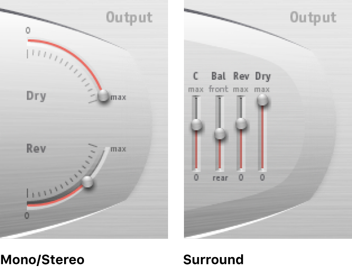 Die Output-Steuerungen in Space Designer im Stereo- und im Surround-Modus