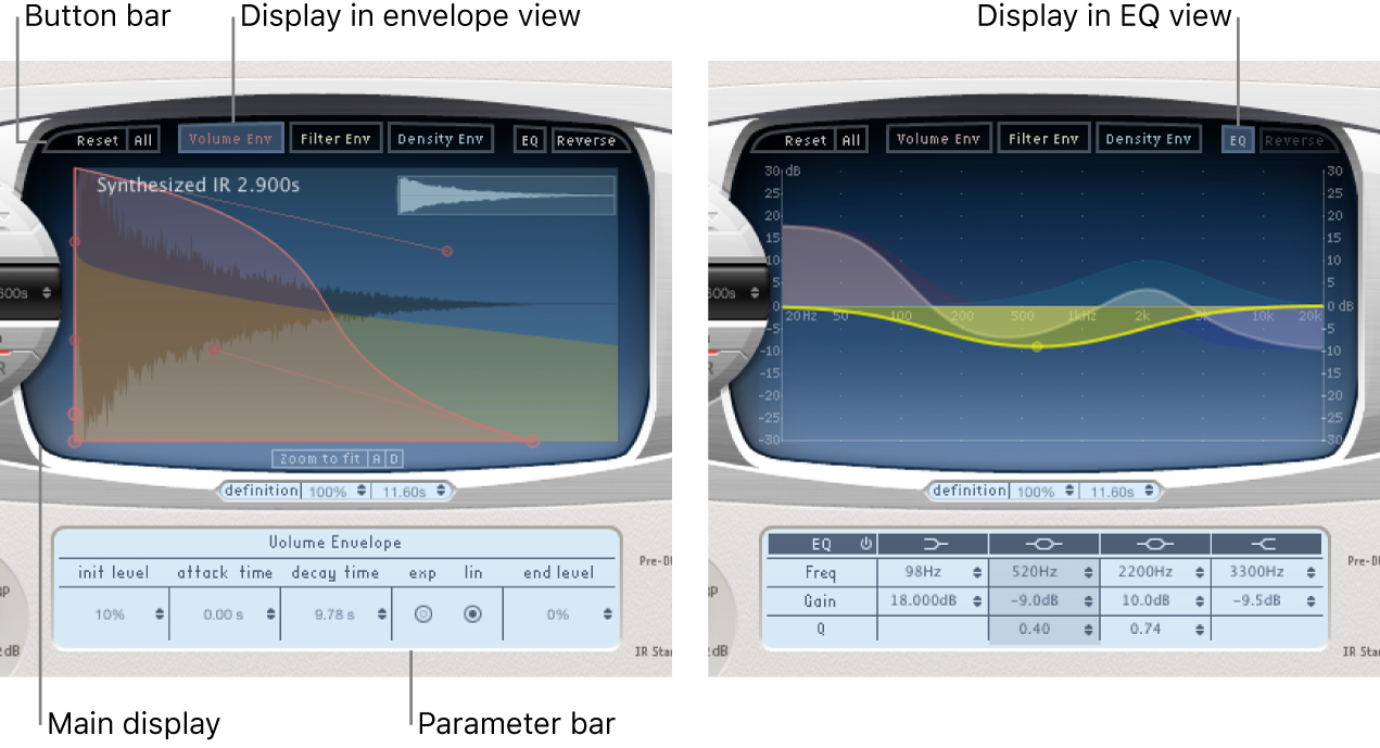 The Space Designer Envelope and EQ views.