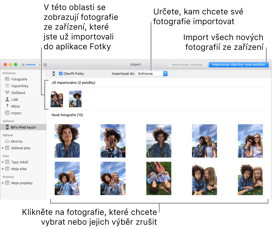 V horní části panelu se zobrazí fotografie na zařízení, které jste již importovali. Dole se zobrazí fotografie nové. Nahoře uprostřed je místní nabídka Cíl importu. Vpravo nahoře je tlačítko Všechny nové fotografie.