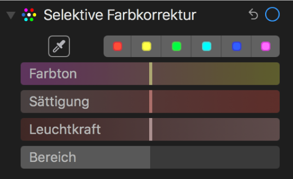 Die Steuerungen für die selektive Farbkorrektur mit den Reglern für Farbton, Sättigung, Leuchtkraft und Bereich.