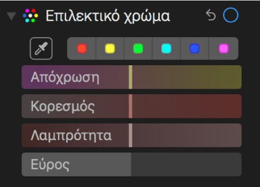 Τα χειριστήρια «Επιλεκτικό χρώμα» που εμφανίζουν τα ρυθμιστικά «Απόχρωση», «Κορεσμός», «Λαμπρότητα» και «Εύρος».