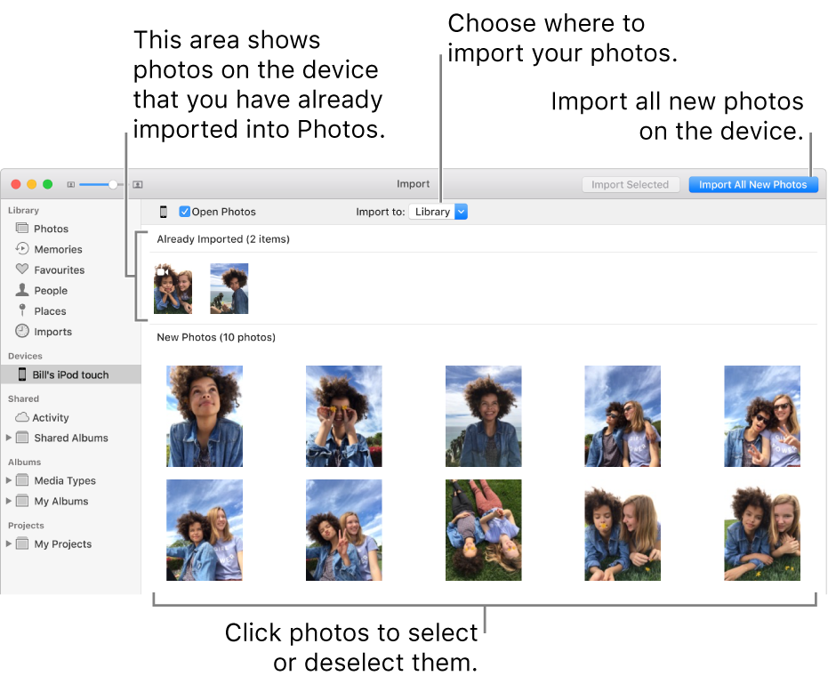 Photos on the device that you’ve already imported are shown at the top of the pane; new photos are at the bottom. At the top centre is the “Import to” pop-up menu. The Import All New Photos button is at the top right.