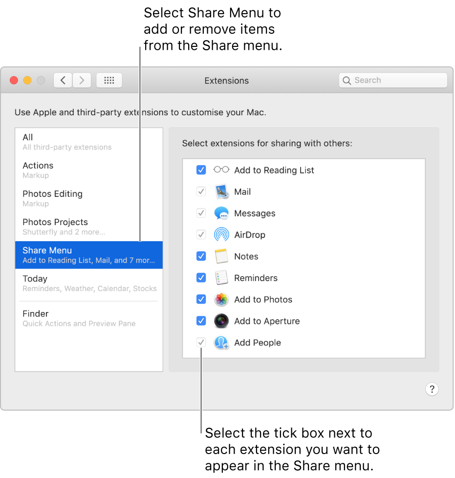 The Extensions pane of System Preferences, showing Share Menu selected and a list of third-party extensions on the right.