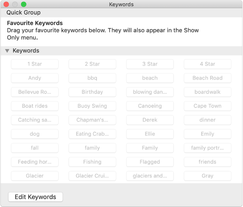 The Keyword Manager window.