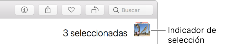 Un indicador de selección mostrando que se seleccionaron tres fotos.