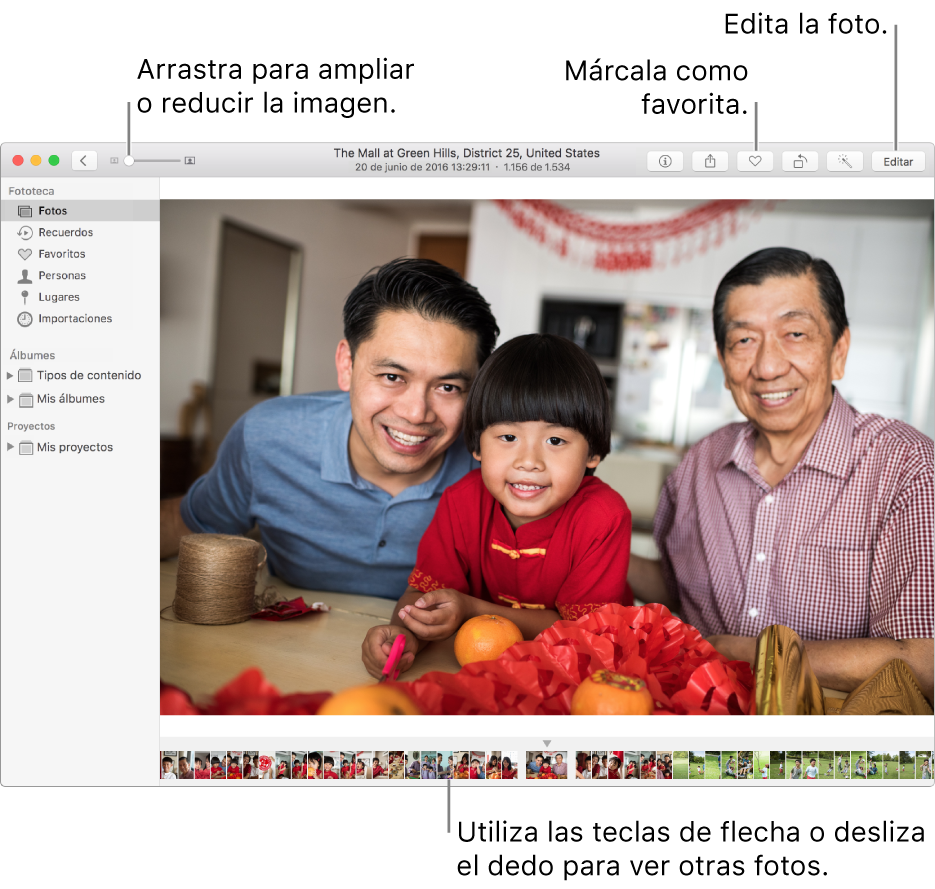 La ventana de Fotos con una foto ampliada a la derecha y una fila de miniaturas debajo. La barra de herramientas de la parte superior incluye el regulador Zoom, el botón Añadir a favoritos y el botón Editar.