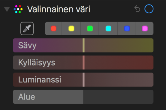 Valinnainen väri -säätimet, joissa sävy-, kylläisyys-, luminanssi- ja alue-liukusäätimet näkyvissä.