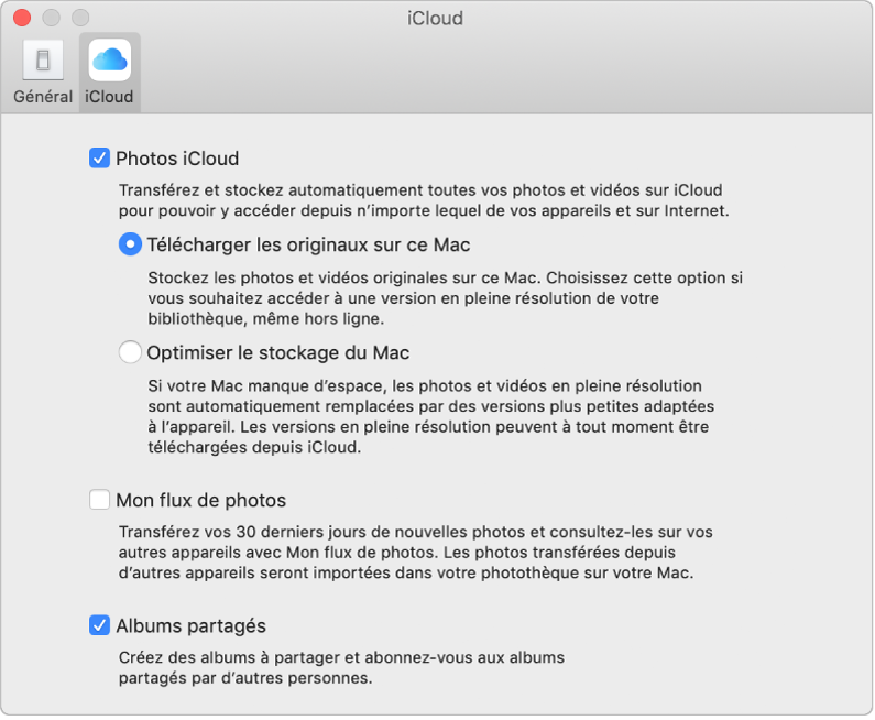 La sous-fenêtre iCloud des préférences Photos.