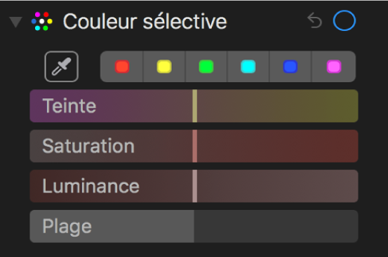 Les commandes Couleur sélective présentant les curseurs Teinte, Saturation, Luminance et Plage.