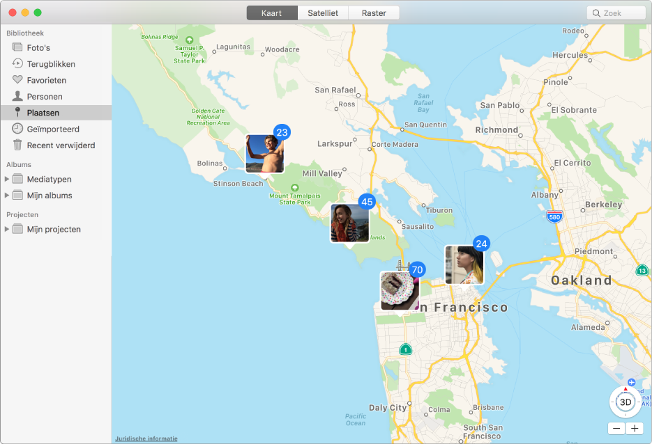 Het Foto's-venster met een kaart waarop fotominiaturen worden weergegeven die op locatie zijn gegroepeerd.