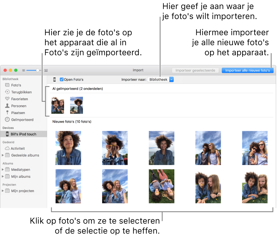 Foto's op het apparaat die je al hebt geïmporteerd, worden boven in het venster weergegeven. Nieuwe foto's worden onderin weergegeven. In het midden bovenin zie je het venstermenu 'Importeer naar'. De knop 'Importeer alle nieuwe foto's' staat rechtsbovenin.